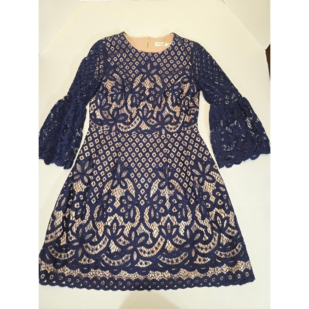 Eliza J Navy Blue Lace Bell Sleeve Dress Size 10 Lined Party Cocktail‎